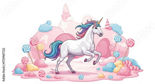 A majestic white unicorn prancing through a candy land filled with lollipops and pastelcolored sweets, a magical scene