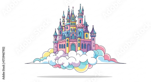 A whimsical castle floating on clouds, painted in pastel colors, creating a dreamy and magical atmosphere