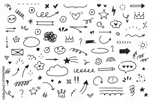 Hand drawn simple doodle elements. Grunge underlines, icons, emphasis, speech bubbles, arrows and shapes collection. Vector illustration isolated on white background