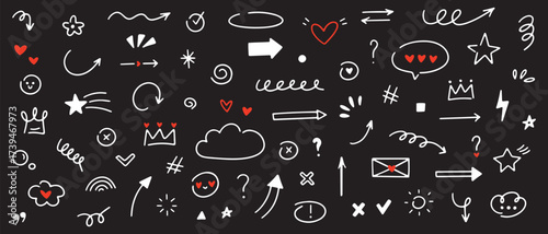 Hand drawn simple doodle elements. Grunge underlines, icons, emphasis, speech bubbles, arrows and shapes collection. Vector illustration isolated on black background