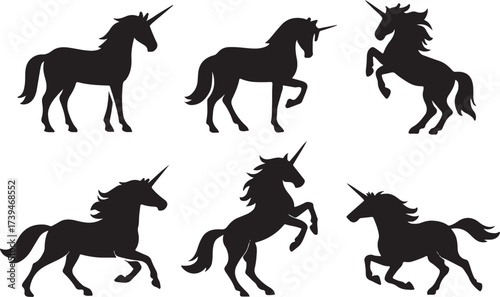 PrintCollection of six silhouette unicorns in various poses