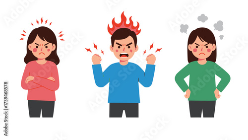 Three Diverse Cartoon Characters Expressing Intense Anger, Frustration, and Fury with Visual Symbols