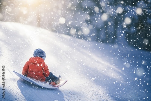 Joyful child coasting down snowy hill while snowflakes gently fall around