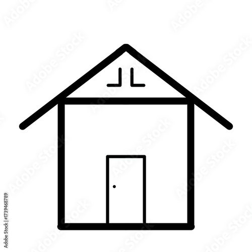 A simple black line art illustration of a house with a triangular roof, a centered rectangular door, and minimalist window details. The design emphasizes clean geometry, symmetry, and minimalism.