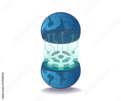 gear inside fragmented earth globe concept illustration