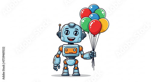 Cheerful robot holding a bunch of colorful balloons cartoon vector illustration of a happy android with balloons