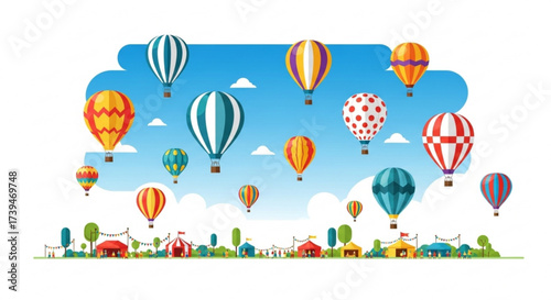 Hot air balloons flying over a fairground colorful aerostats soaring above a festival with tents