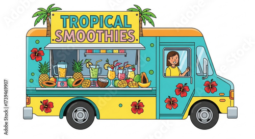 A vibrant food truck selling tropical smoothies, perfect for summer promotions and healthy lifestyle designs
