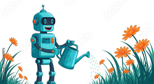 Friendly robot watering flowers in a garden, symbolizing technology, nature, and the future of sustainable living