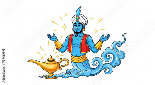 Mystical genie emerging from a magic lamp, granting wishes with a touch of arabian folklore and fantasy