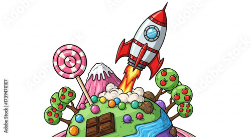 Cartoon planet with rocket launch a whimsical world with candy, chocolate, and a spaceship taking off