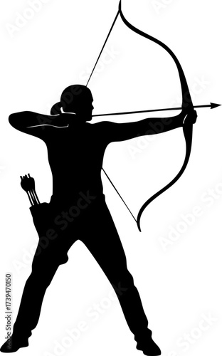 Dynamic archer silhouette aiming with bow and arrow, poised for precision target shooting, perfect for sports, recreation, and competitive success visuals