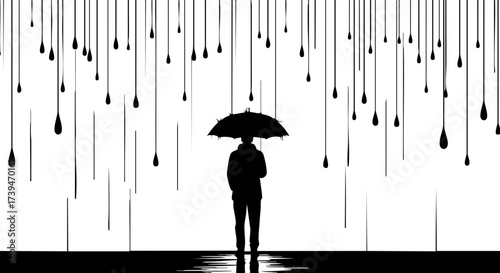 Silhouette of a person holding an umbrella in the rain, creating a moody and evocative atmosphere of protection and solitude during a storm
