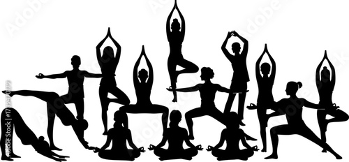 Diverse group practicing yoga poses for fitness and wellness, inspiring healthy lifestyle and balance, great for studio promotions and health blogs originally vector