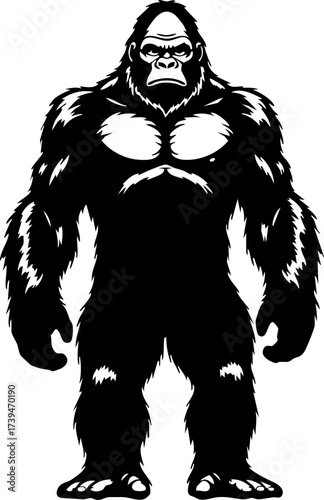 Majestic gorilla standing tall, powerful primate icon, bold wildlife symbol, perfect for conservation awareness, educational resources, or striking design projects
