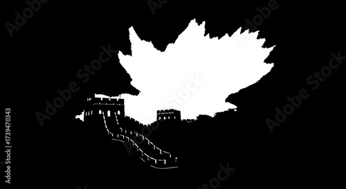 Iconic Great Wall of China silhouette against abstract mountain range, a symbol of history, strength, and cultural heritage for travel and design projects