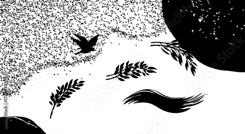 Elegant olive branches and dove in flight, symbolizing peace and tranquility, perfect for sophisticated designs and messages of hope and serenity.