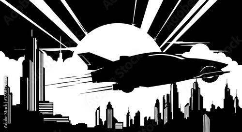 Futuristic flying car soars over modern city skyline at sunrise, a symbol of innovation, progress, and a bold vision for the future in a retro style