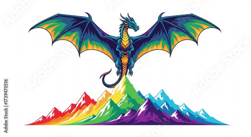 Majestic dragon soaring above rainbow mountains, the dragons wings are spread wide, showcasing its vibrant colors