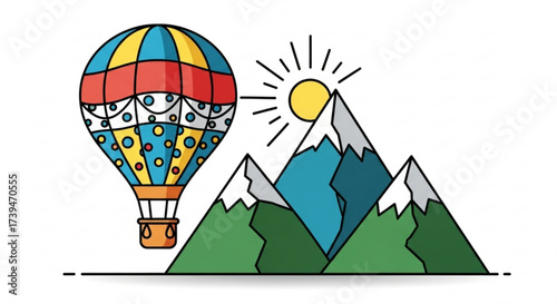 Hot air balloon flying over mountains with sun, a colorful balloon floats peacefully in the sky