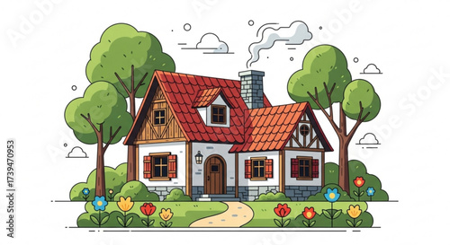 Charming cottage nestled amidst lush greenery, smoke gently rising from the chimney, , creating a serene and idyllic scene