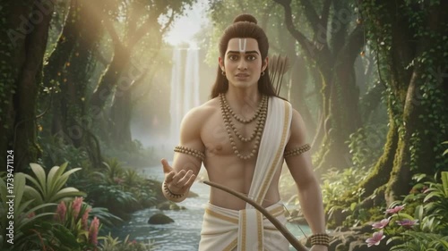 Lord Ram Standing with Divine Aura in Forest — cinematic stock footage featuring rich detail, vibrant atmosphere, and realistic motion. Perfect for mythology, documentaries, reels, and VFX scenes.