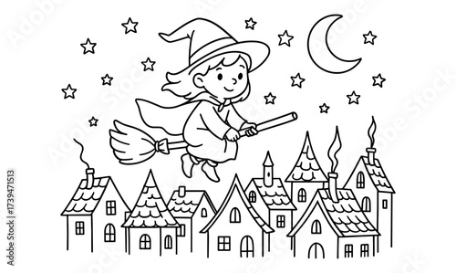 Cute witch flying on broomstick over night village with stars and moon