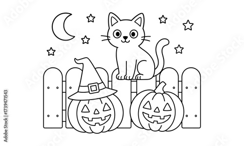 Cute cat with halloween pumpkins and moon outline