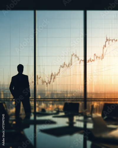 Finance meeting: banker analyzing complex graph in sleek office, daylight scene