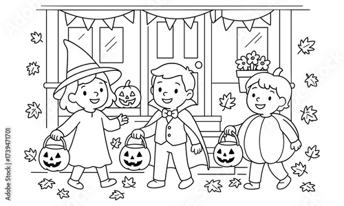 Adorable kids trick or treating in halloween costumes: witch, vampire, and pumpkin design