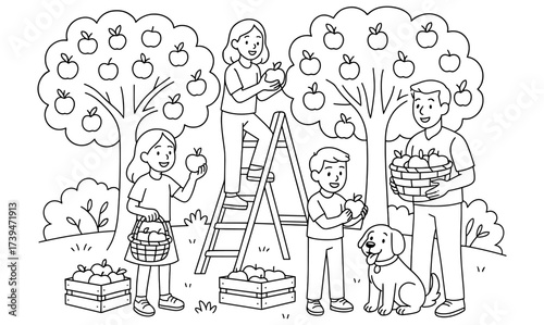 Family harvesting apples in orchard with dog in black and white outline