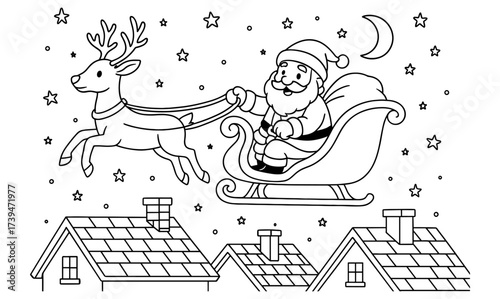 Festive santa sleigh ride in city sky - coloring page for kids