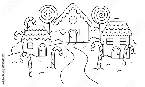 Charming candy land with gingerbread houses and candy canes in line art
