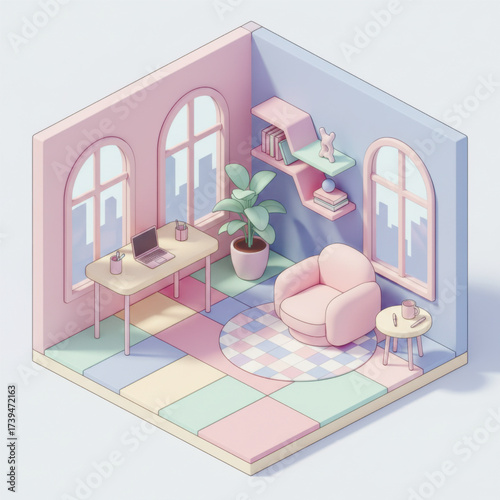 Soft pastel 3D isometric illustration of a cozy home office with a desk, laptop, armchair, books, and plant. Represents modern workspace design, remote work, and productivity. Vector illustration