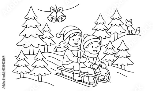 Children sledding in winter wonderland with bells and forest scene