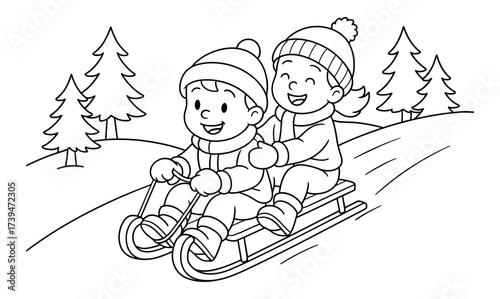 Joyful children sledding in winter wonderland coloring page