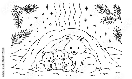 Cute fox family resting in winter den under starry night sky