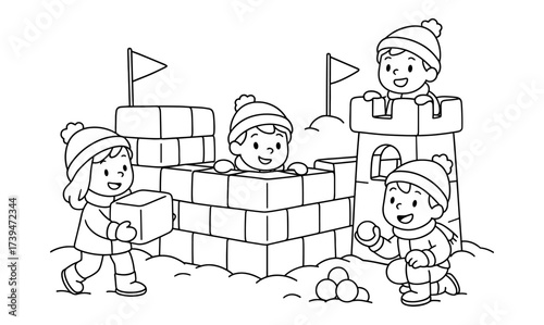 Children playing in snow with snow forts and snowballs in a winter wonderland