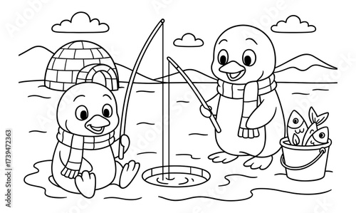 Penguins ice fishing by igloo in winter landscape for children's coloring activity
