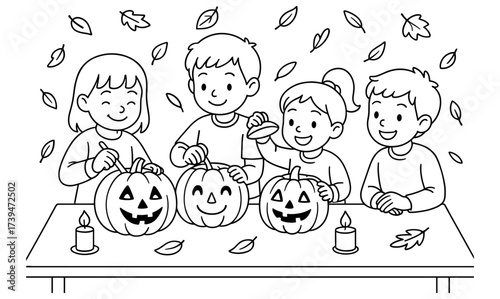 Children enjoy pumpkin carving with jack o lanterns in autumn