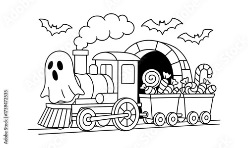 Halloween train with ghost, bats, and candy outline drawing for kids