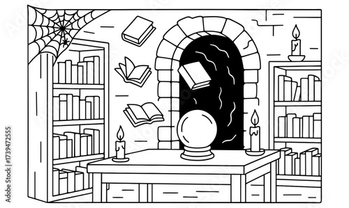 Mystic library with floating books and crystal ball in black and white