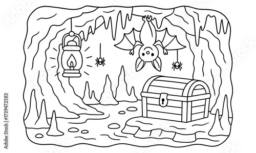 Exploration in a spooky cave with bat, spiders, and treasure chest in outline style