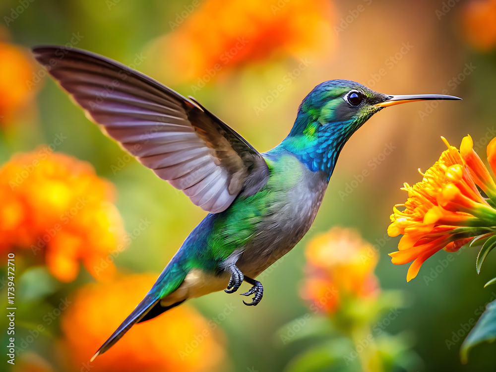 Fototapeta premium Closeup of a colorful hummingbird hovering near bright orange flowers in a garden setting