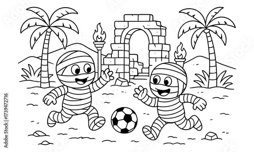 Fun mummy soccer match in ancient ruins with tropical palm trees