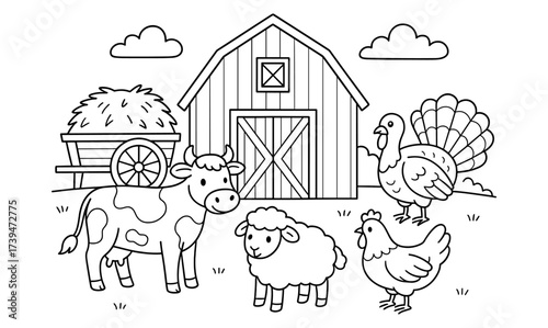 Cute farm animals and barnyard scene in black and white line art style