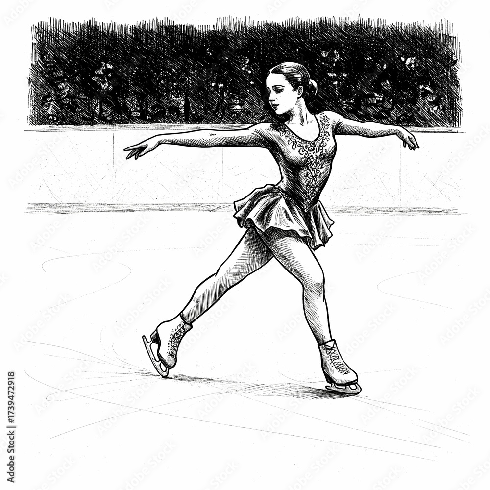 Fototapeta premium Figure skater woman sketch. Black and white ink drawing of a professional ice skater performance.