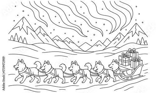 Festive dog sledding through snowy mountains in winter wonderland