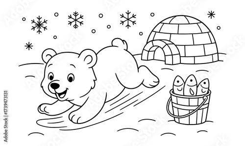 Playful polar bear sliding in a winter wonderland with igloo and fish basket
