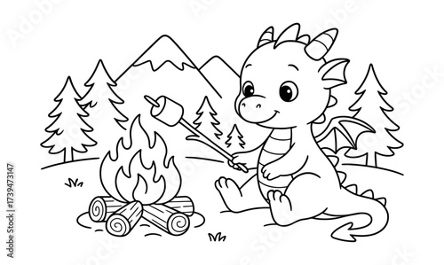 Cute dragon roasting marshmallow by campfire in forest line art